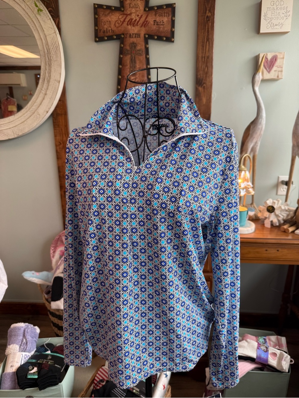 Lands' End Blue Floral Geometric Quarter-Zip Pullover